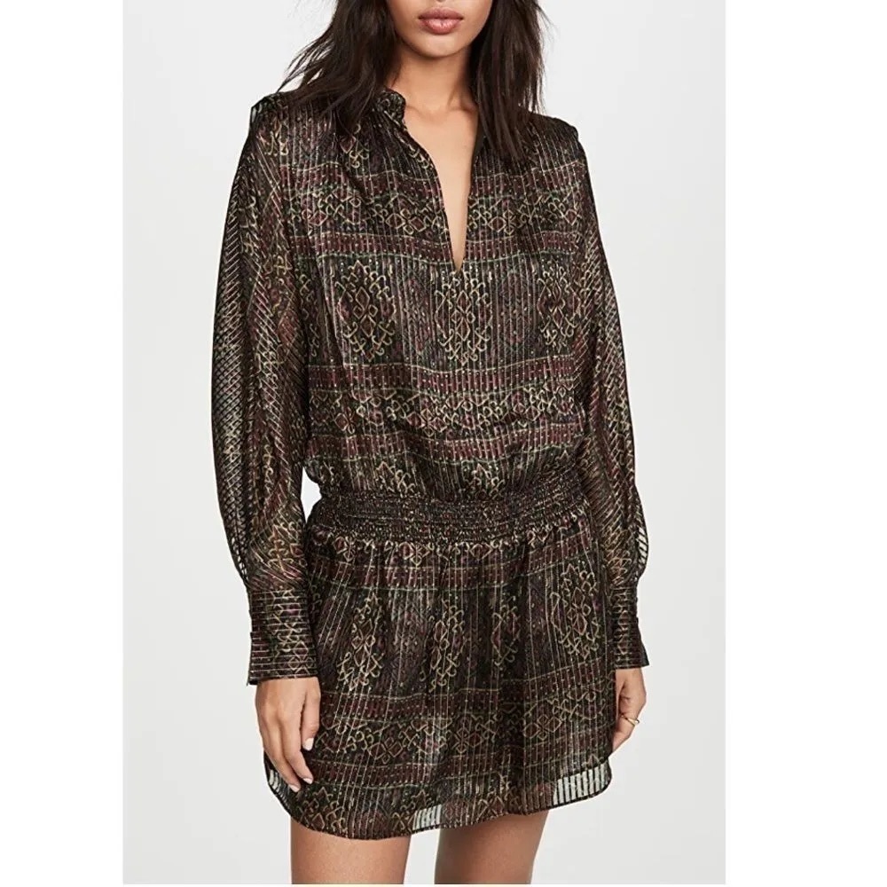 Frame Party Paisley Metallic Silk Long Sleeve Mini Dress Smocked Waist Deep Moss